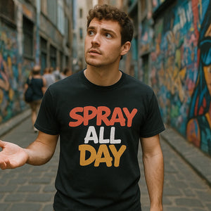 Lifestyle shot of the "Spray All Day" black street art tee shirts in a real-world setting