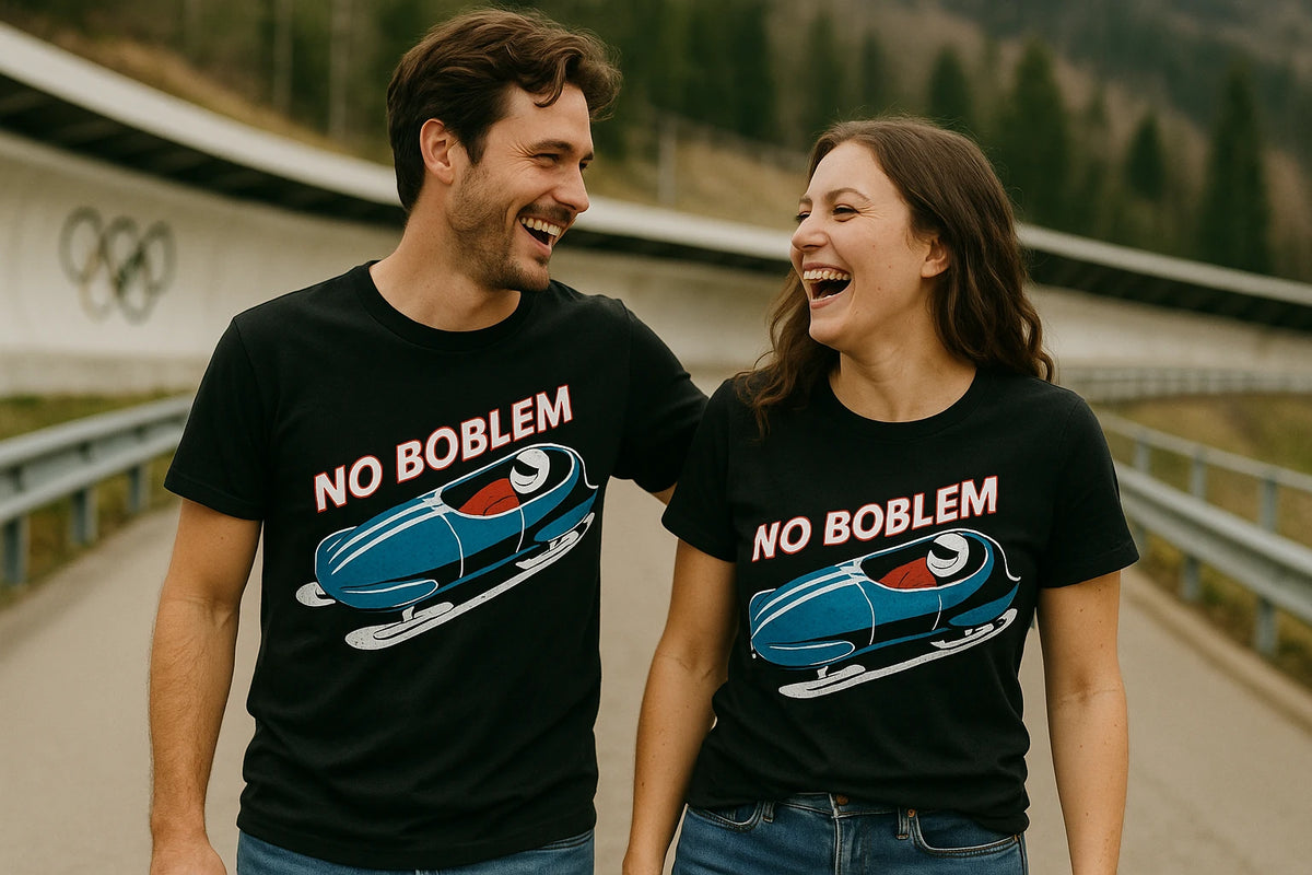 Person wearing the black bobsledding t shirt graphic tee - "No Boblem" design