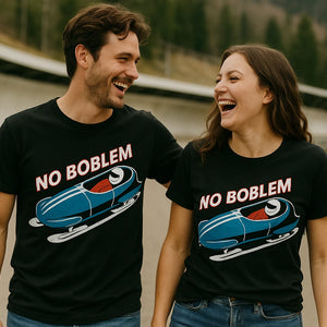 Person wearing the black bobsledding t shirt graphic tee - "No Boblem" design