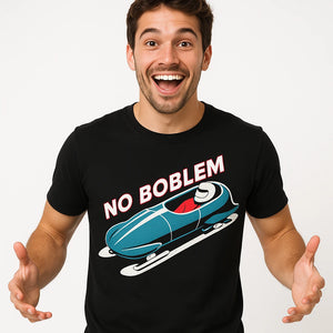 Close-up of the "No Boblem" teal print on a premium Bella+Canvas black bobsledding t shirt