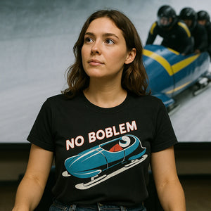 Lifestyle shot of the "No Boblem" black bobsledding t shirt in a real-world setting