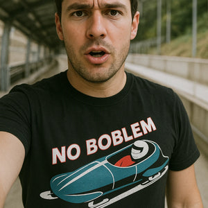 "No Boblem" black bobsledding t shirt, photographed as bobsledding lover gift