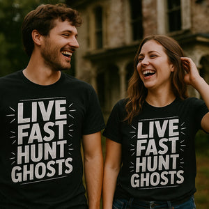 Person wearing the black paranormal t shirt graphic tee - "Live Fast Hunt Ghosts" design