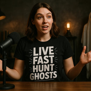 Lifestyle shot of the "Live Fast Hunt Ghosts" black paranormal t shirt in a real-world setting