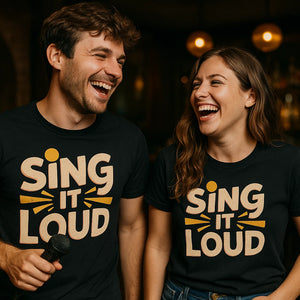 Person wearing the black singing t shirt graphic tee - "Sing It Loud" design