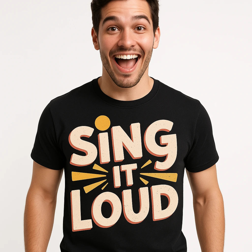 Close-up of the "Sing It Loud" cream print on a premium Bella+Canvas black singing t shirt