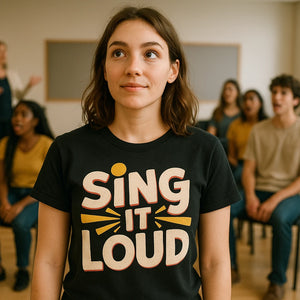 Lifestyle shot of the "Sing It Loud" black singing t shirt in a real-world setting