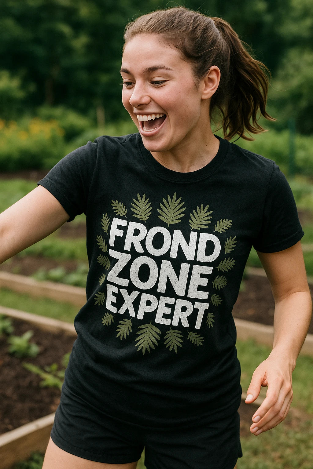"Frond Zone Expert" black botany t shirt, photographed as gifts for botany lovers