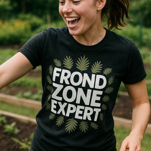 "Frond Zone Expert" black botany t shirt, photographed as gifts for botany lovers