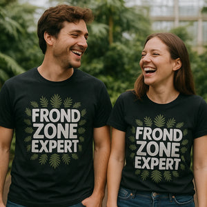 Person wearing the black botany t shirt graphic tee - "Frond Zone Expert" design