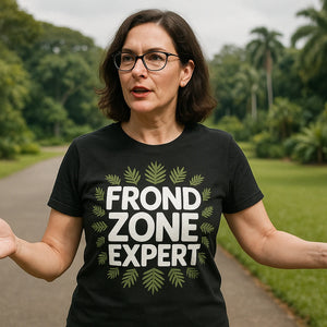 Lifestyle shot of the "Frond Zone Expert" black botany t shirt in a real-world setting