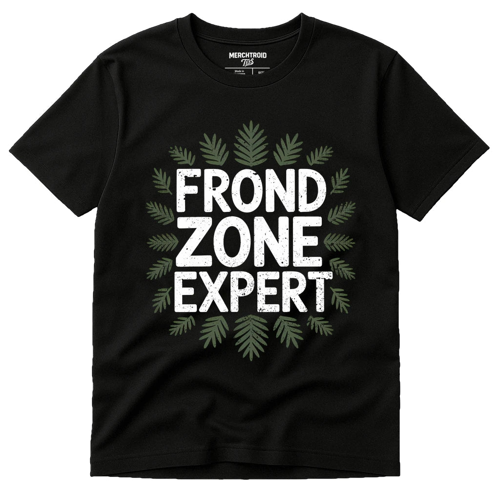 Black Botany T Shirt - "Frond Zone Expert" graphic tee with white print, flat lay product photo