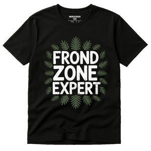 Black Botany T Shirt - "Frond Zone Expert" graphic tee with white print, flat lay product photo