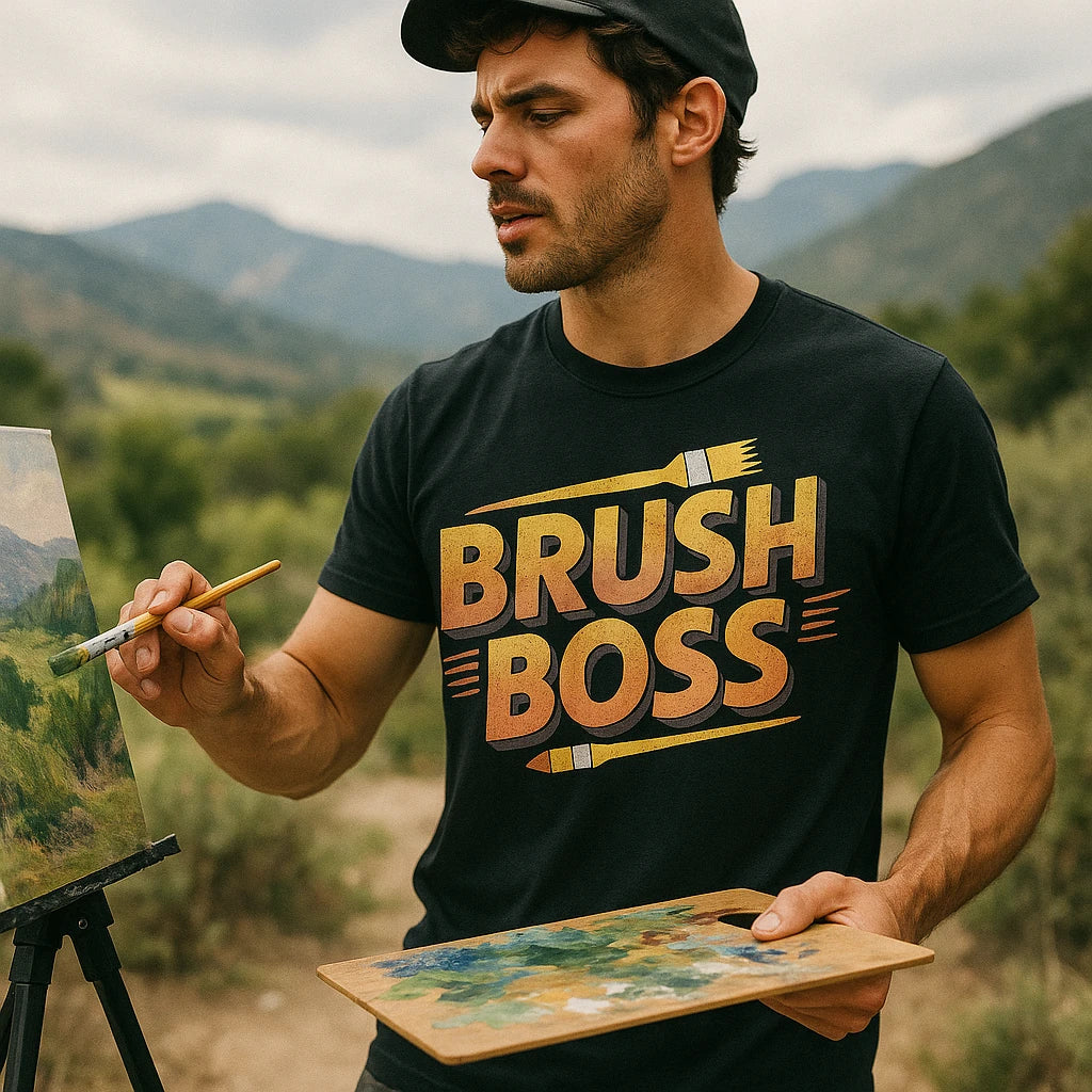 "Brush Boss" black painting t shirt, photographed as gift for painting lover