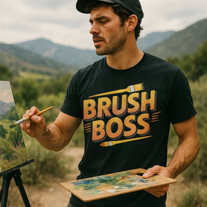 "Brush Boss" black painting t shirt, photographed as gift for painting lover
