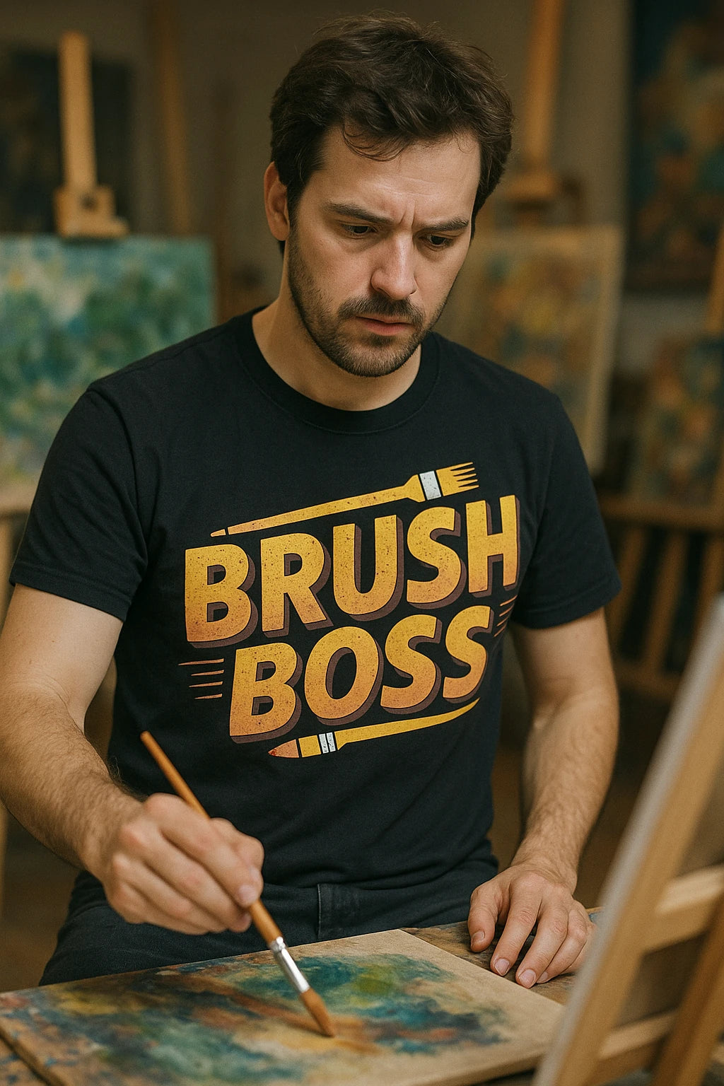 "Brush Boss" black painting t shirt - also a acrylic paint for clothes