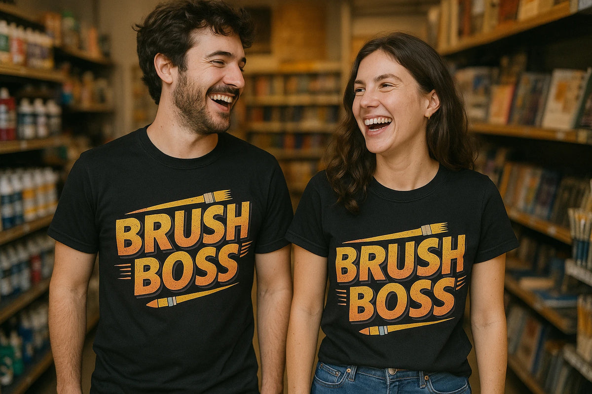 Person wearing the black painting t shirt graphic tee - "Brush Boss" design