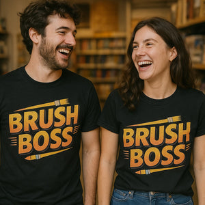 Person wearing the black painting t shirt graphic tee - "Brush Boss" design