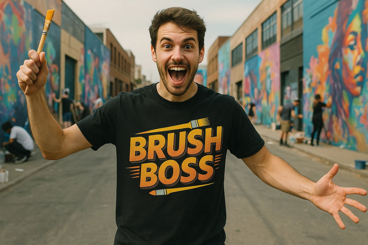 Lifestyle shot of the "Brush Boss" black painting t shirt in a real-world setting