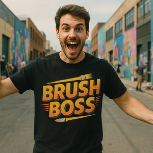 Lifestyle shot of the "Brush Boss" black painting t shirt in a real-world setting