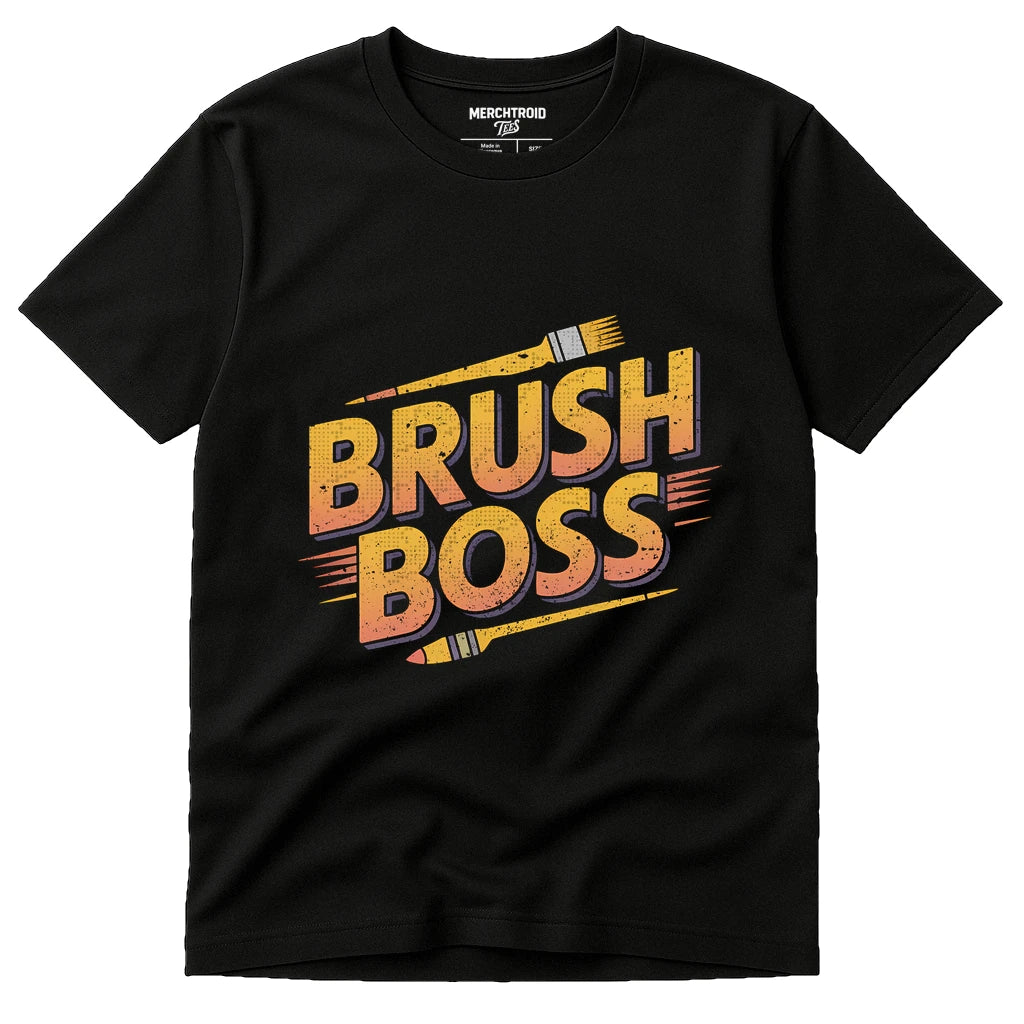Black Painting T Shirt - "Brush Boss" graphic tee with gold print, flat lay product photo