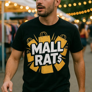 "Mall Rat" black shopping t shirt, photographed as gifts for shopping lovers