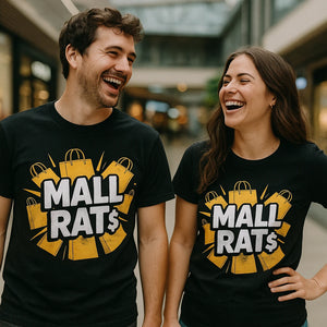 Person wearing the black shopping t shirt graphic tee - "Mall Rat" design