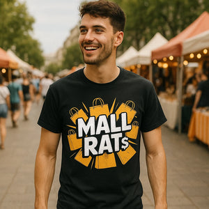 Lifestyle shot of the "Mall Rat" black shopping t shirt in a real-world setting