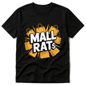 Black Shopping T Shirt - "Mall Rat" graphic tee with gold print, flat lay product photo