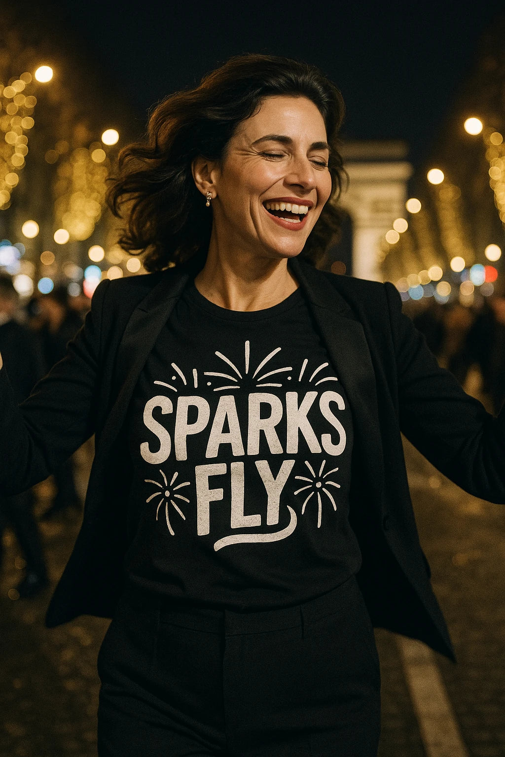 A person with shoulder-length dark hair is joyfully smiling with their eyes closed. They are wearing a black jacket over a shirt with the words "SPARKS FLY" written on it, surrounded by firework designs. The background features a blurred night scene with bright lights, possibly on a city street.