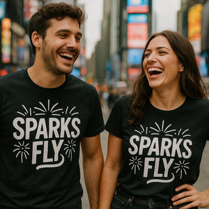 Person wearing the black new years t shirt graphic tee - "Sparks Fly" design