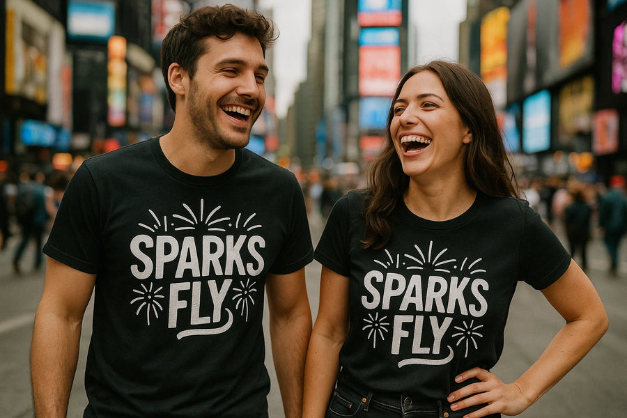 A man and a woman are standing outdoors, laughing together and wearing matching black T-shirts with the text "SPARKS FLY." They are in a busy urban area with colorful billboards in the background. The woman has long brown hair and the man has short dark hair. They both appear joyful and engaged.