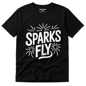 Black New Years T Shirt - "Sparks Fly" graphic tee with white print, flat lay product photo