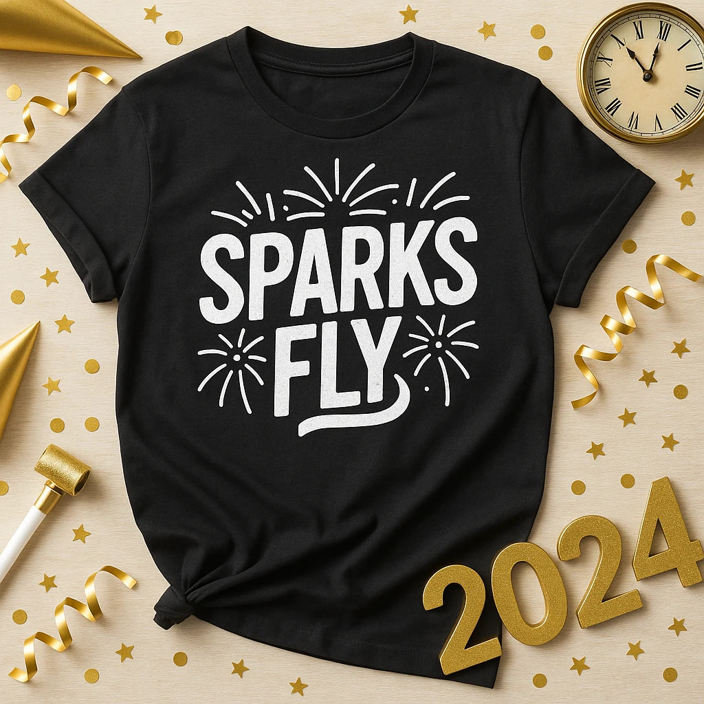 A black T-shirt with the phrase "SPARKS FLY" in bold white letters surrounded by firework designs. The shirt is laying on a wooden surface adorned with gold decorations, including stars, ribbons, a party hat, and the numbers "2024." A vintage-style clock shows it’s nearing midnight.