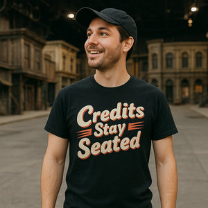 Lifestyle shot of the "Credits Stay Seated" black graphic tee in a real-world setting