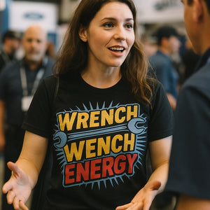"Wrench Wench Energy" black mechanic shirts - also one of the gifts for mechanics who have everything