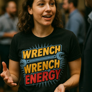 "Wrench Wench Energy" black mechanic shirts - also one of the best gifts for mechanics