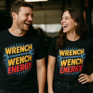 Person wearing the black mechanic shirts graphic tee - "Wrench Wench Energy" design