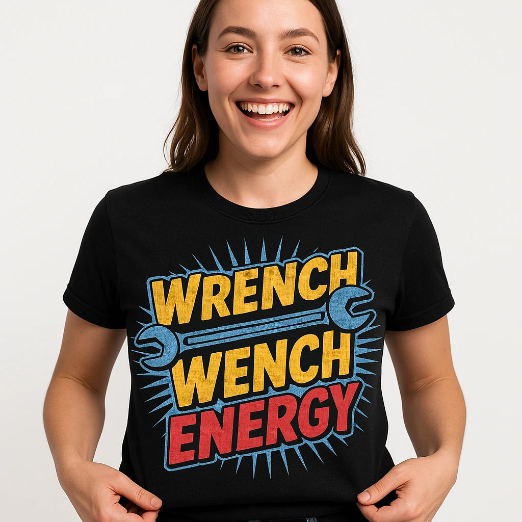 Close-up of the "Wrench Wench Energy" orange print on a premium Bella+Canvas black mechanic shirts