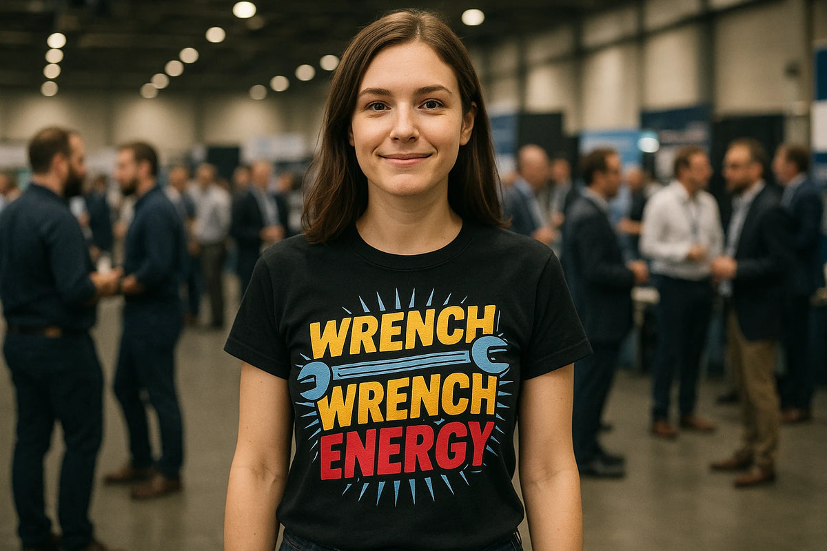 Lifestyle shot of the "Wrench Wench Energy" black mechanic shirts in a real-world setting
