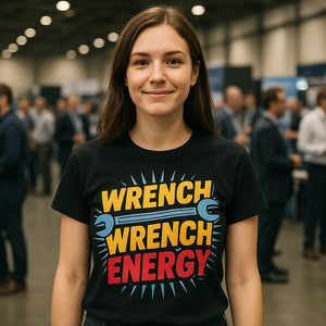 Lifestyle shot of the "Wrench Wench Energy" black mechanic shirts in a real-world setting