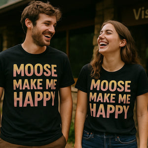 Person wearing the black nature walk t shirt graphic tee - "Moose Make Me Happy" design