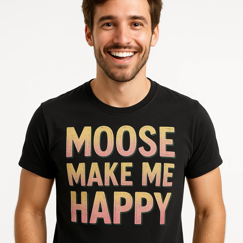 Close-up of the "Moose Make Me Happy" tan print on a premium Bella+Canvas black nature walk t shirt