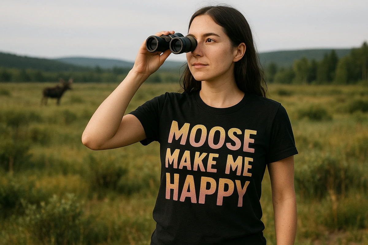 Lifestyle shot of the "Moose Make Me Happy" black nature walk t shirt in a real-world setting