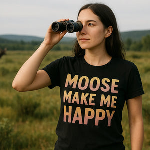 Lifestyle shot of the "Moose Make Me Happy" black nature walk t shirt in a real-world setting