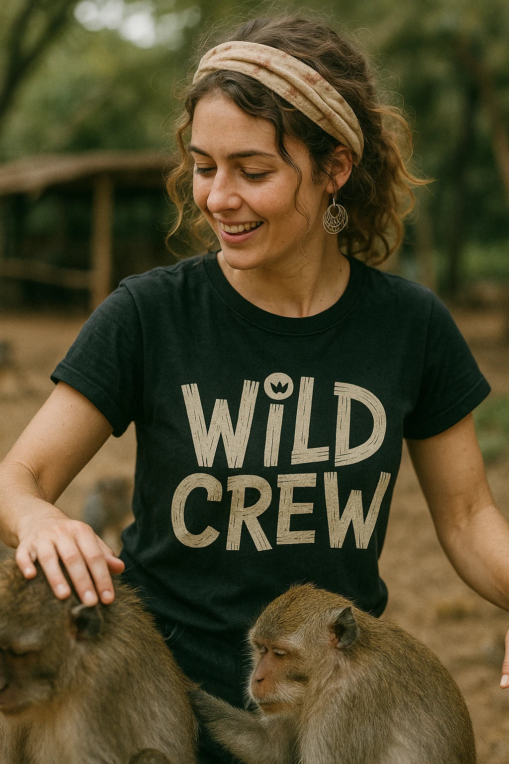 "Wild Crew" black monkey tee shirt, photographed as gift ideas for monkey lovers