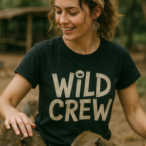 "Wild Crew" black monkey tee shirt, photographed as gift ideas for monkey lovers