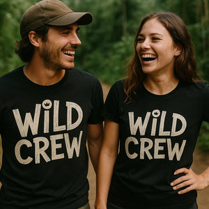 Person wearing the black monkey tee shirt graphic tee - "Wild Crew" design