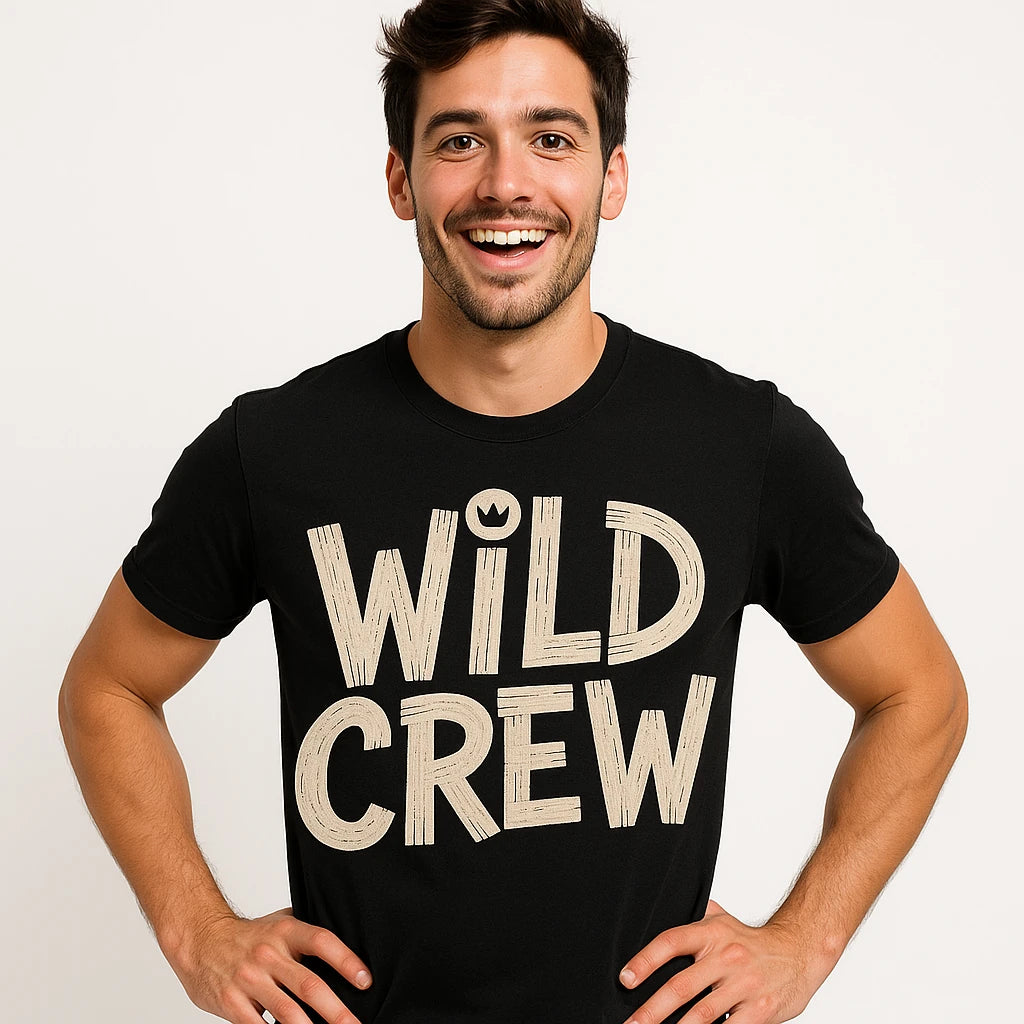 Close-up of the "Wild Crew" beige print on a premium Bella+Canvas black monkey tee shirt