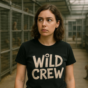 Lifestyle shot of the "Wild Crew" black monkey tee shirt in a real-world setting